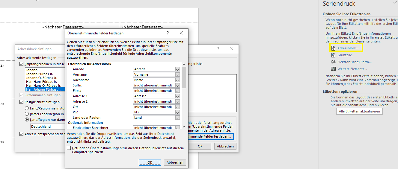 Adressblock bearbeiten Etikettendrucken Word