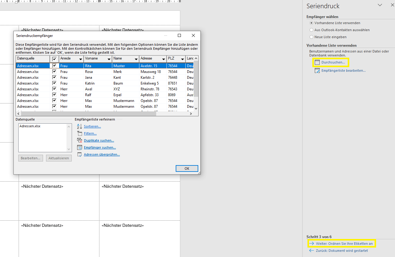 Adressliste Etiketten drucken Word