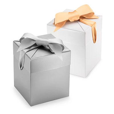 Geschenkkarton mit Lackbeschichtung in weiß und silber